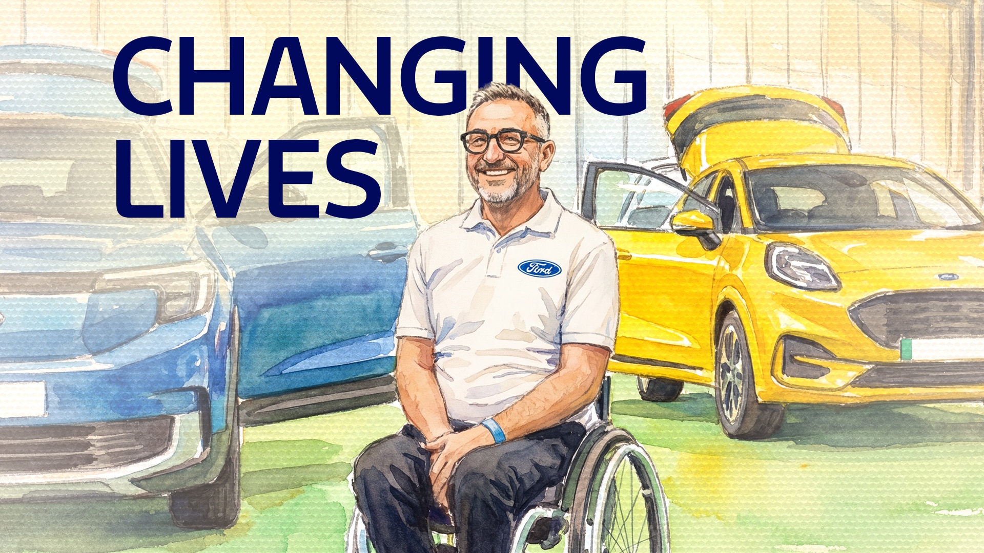 Jason Richards as the Ford Motability ambassador at a Motability event - Image stylised with AI